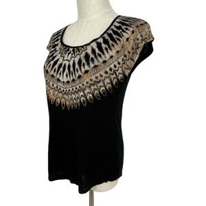 Lucky Brand Womens Black Graphic Tee Short Sleeve Embellished Neck Top S